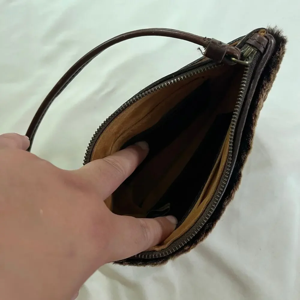Patricia Nash Brown Genuine Leather Sheepskin Fur Wristlet Pouch Rustic